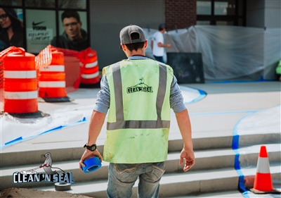  A construction worker wearing a yellow vest and cap carrying blue tape, with orange barrels and cones marking off a work area.