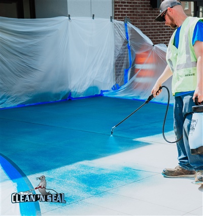 A construction worker in a yellow vest using a spray gun to apply blue paint on a concrete surface, with plastic sheeting and safety cones in the background.